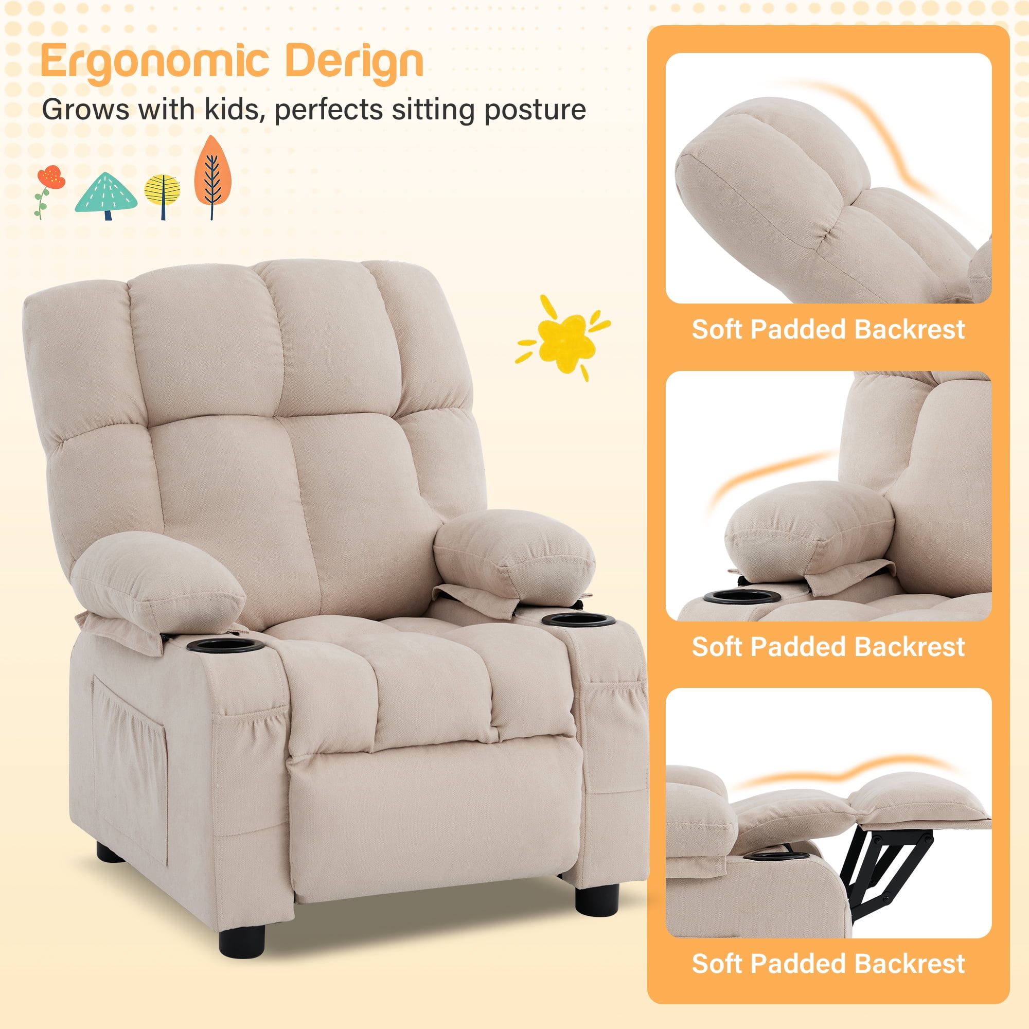JONPONY Kids Recliner Chair,Push Back Toddler Recliner with Cup Holders & Side Pockets，Adjustable Footrest & Headrest Kids Sofa for Boys Girls 3+ Age Group，Children's Bedroom Furniture ，Beige