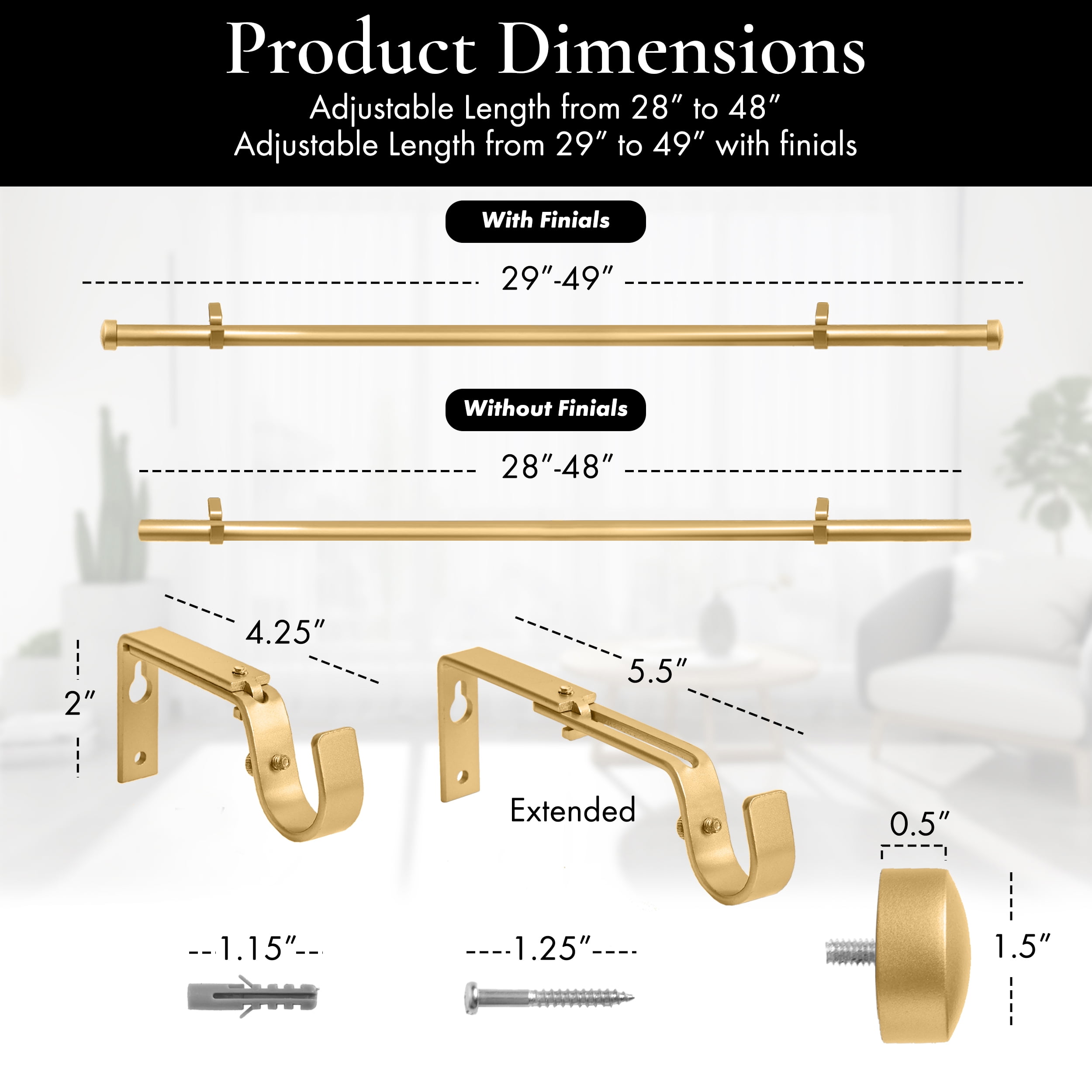 Meriville End Cap Single Curtain Rod, Gold, Adjustable 28-48 Inches, 1-Inch Diameter