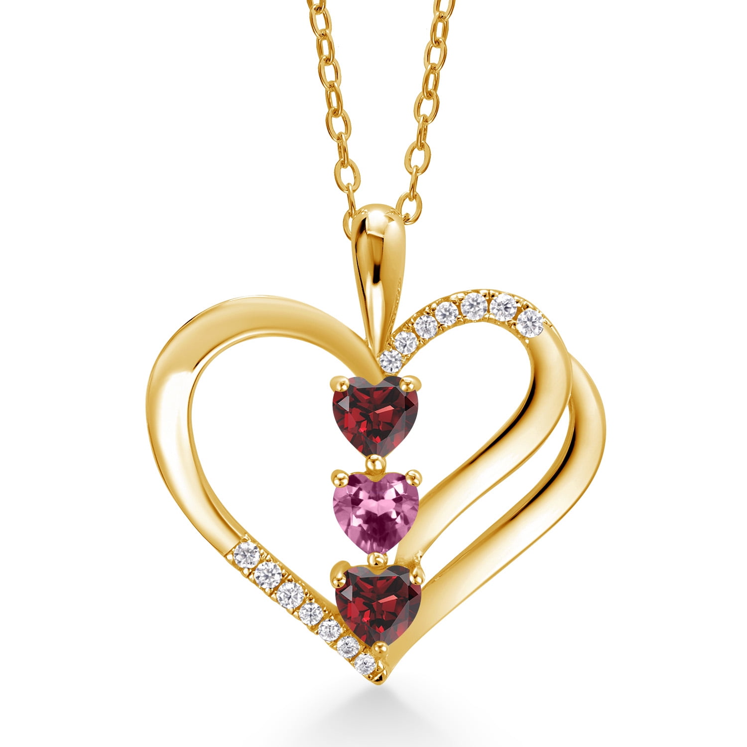 18K Yellow Gold Plated Silver Red Garnet and Pink Tourmaline and White Moissanite 3-Stone Pendant Necklace for Women (0.99 Cttw, January Birthstone, Heart Shape 4MM, with 18 inch Silver Chain)