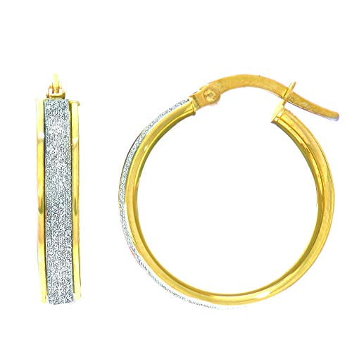 JewelStop 14K Yellow Gold Glitter Round Hoop Earrings, Hinged Clasp - 3 X 20mm, 1.9gr.