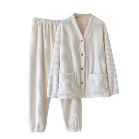 Xfvqtps Womens Flannel Pajama Set Tops with Pockets V Neck Open Front with Button Long Sleeve Long Leg Solid Color Stripe Cozy Comfortable Soft House Casual Warm Winter Top and Pants Set Beige