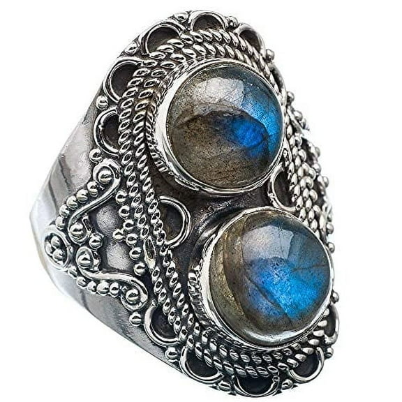 Navya Craft Labradorite Dual Round 925 Sterling Silver Handmade Women Statement Ring Size 5.0