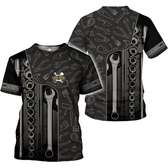 Personalized Name Mechanic Shirt 3D, Custom Name Mechanic Shirts, Tool Box Mechanic 3D All Over Printed for Men Women (T-shirt, S)