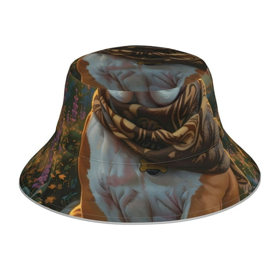 Kll Flower Field Cute Bulldog Bucket Hat for Women Men Packable Travel Beach Sun Hat Outdoor Rave Accessories Reflective Fisherman Cap