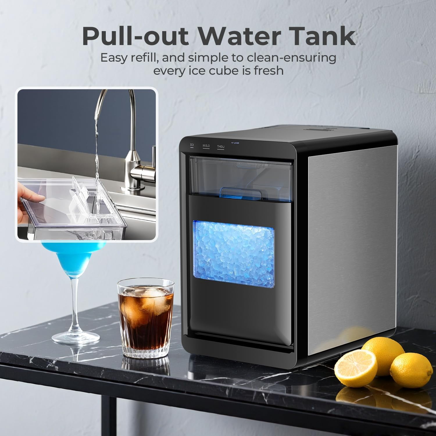 Portable Countertop Ice Maker Machine, 6-Minute 8-Cube Bullet Ice, 26lb Daily, 2 Sizes, Energy Saving with Basket for Home Travel Camping Bar