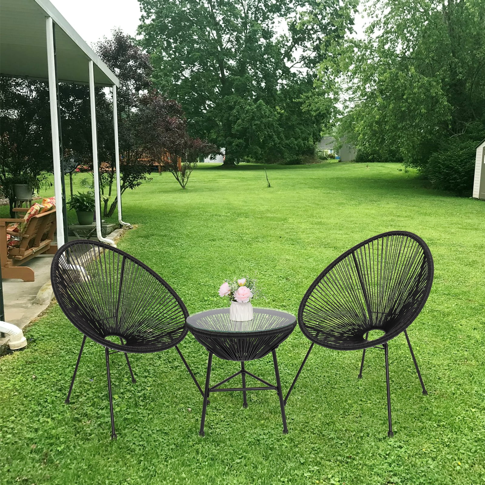 Lowestbest 3Pcs Patio Wicker Bistro Set, Outdoor Glass Top Table and 2 Chair-Black Lowestbest 3Pcs Patio Wicker Bistro Set, Outdoor Glass Top Table and 2 Chair-Black
