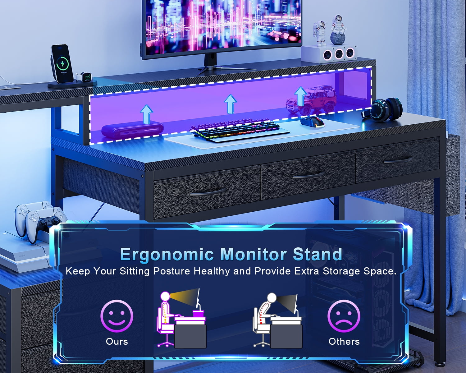 GUNAITO 60 inch Gaming Desk with 5 Fabric Drawers & Storage Shelves, Computer Desk with LED Lights & Charging Station, Carbon Fiber Black