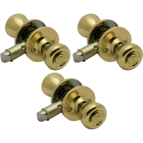 3 Pack of Pro-Grade Classic Mobile Home Privacy Door Knob Bed and Bath Handle, Polished Brass