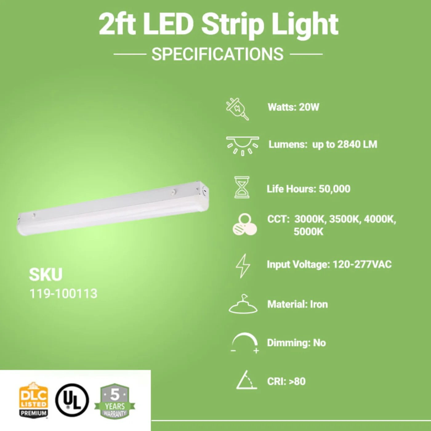 GREENLIGHTDEPOT 2ft LED Strip Light - 20W - Selectable CCT - 3000K/ 3500K/ 4000K/ 5000K - Up To 2840 Lumens - UL, DLC