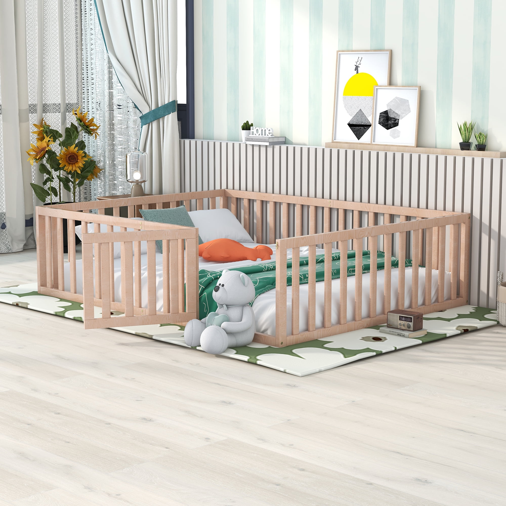 Bellemave Queen Size  Floor Bed with Fence and Door, Wood Montessori Bed Frame, Floor Bed Frame, Slats Not Included (Queen,Natural)