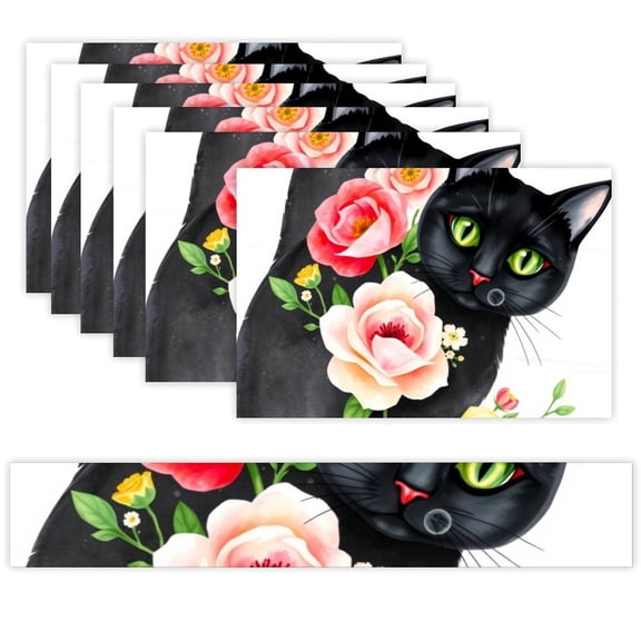7 Piece Linen Table Runner and Placemats Set, Black Cat Roses Round Corner Heat Resistant Washable Table Mats for Home Kitchen Dining Party Decoration