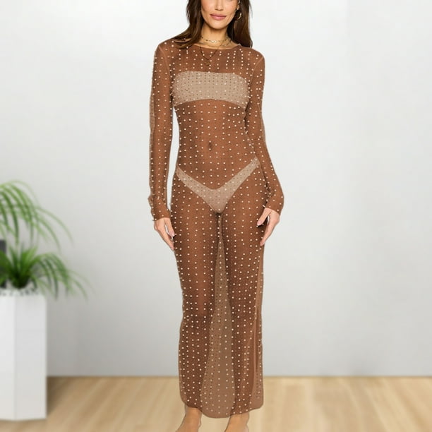 Vestido De Malla Sexy Bikini de diamantes de imitación traje de baño de manga larga para mujer traje de playa (café L) Cgtredaw Para estrenar