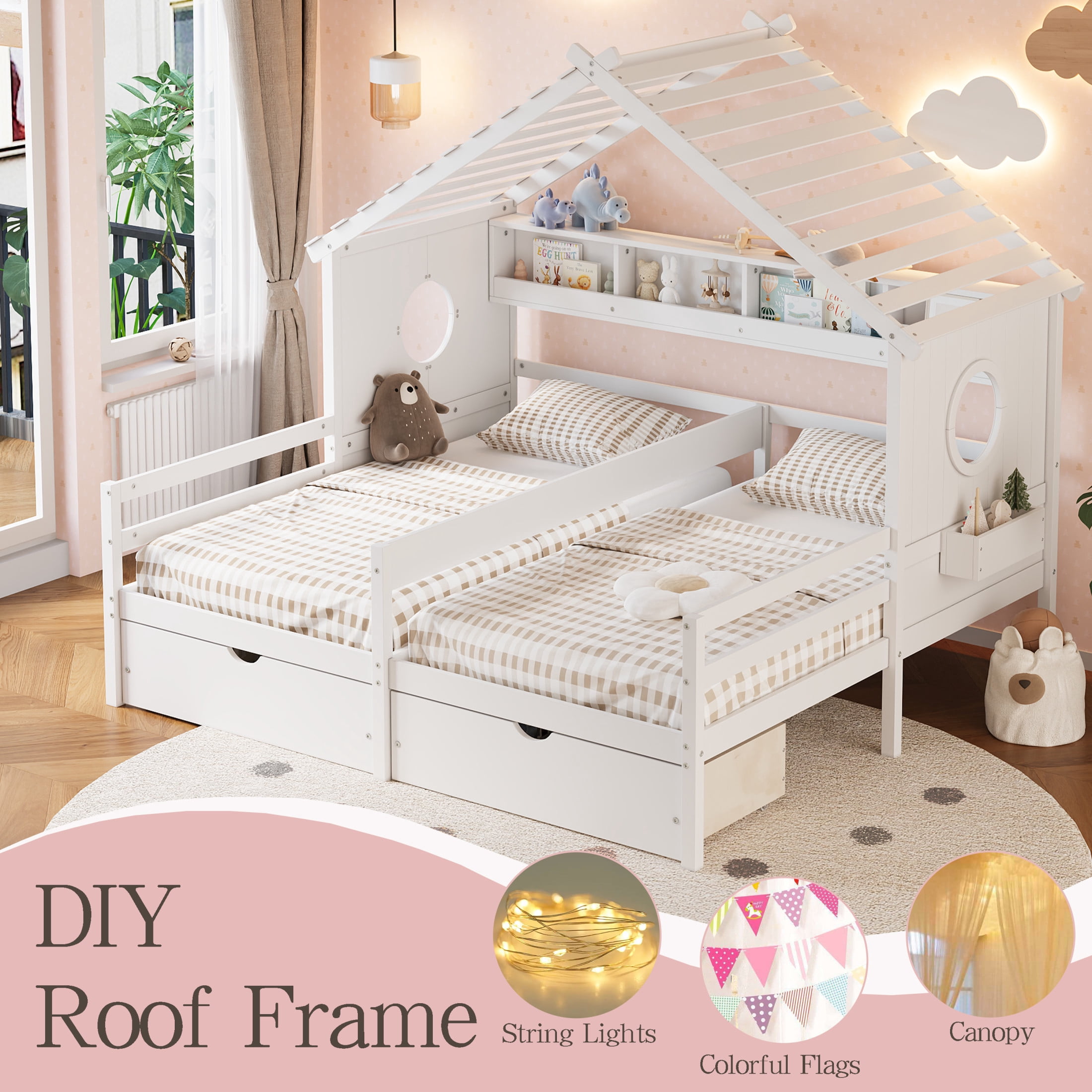Noble House Twin Kids House Bed with Two Side-by-Side Beds, Bookcase and Under-Bed Drawers, White