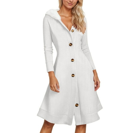DGMIOCS Women’s Hooded Knit Cardigan Dress for Everyday and Travel Cozy Winter Loungewear with and Soft Duster Tunic White XXL