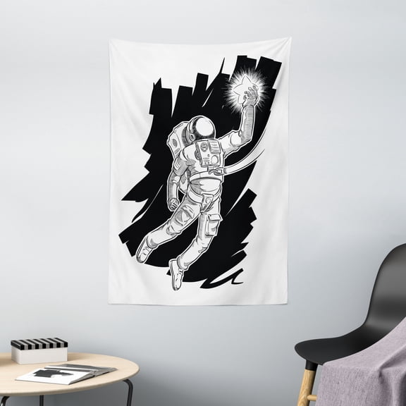 Astronaut Tapestry, Sketch of Spaceman Grabbing a Star Achivement Discovery Zero Gravity Technology, Wall Hanging for Bedroom Living Room Dorm Decor, 40W X 60L Inches, Black White, by Ambesonne