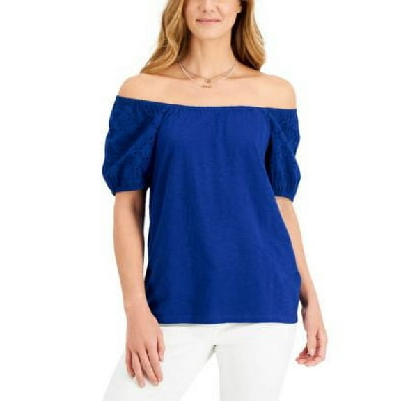 MSRP $40 Style & Co Women Cotton Off-The-Shoulder Blouse Blue Size XS