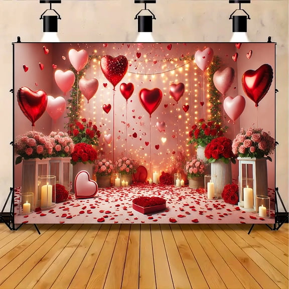 Romantic Red Heart Floral Photo Backdrop Elegant Valentine's Day Party Decor Pink Roses Sparkling Lights for Weddings, Anniversaries and Special Occasions Romantic Valentine Decorations Banner