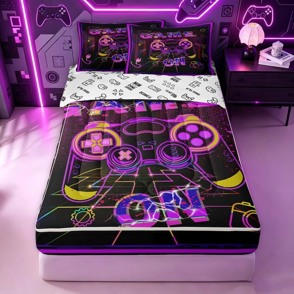 Erosebridal Neon Game Controller Zipper Twin Comforter Sets with Fitted Sheet and 2 Pillowcases for Boys Men, Purple Black City Graffiti Zipper Bedding Set, Gamepad Reversible, 4-Piece