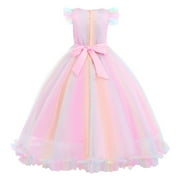 IBTOM CASTLE Flower Little Big Girls Maxi Dress Bridesmaid Wedding Pageant Party Princess Communion Floral Boho Vintage Lace Dance Gown 11-12 Years Rainbow Pink