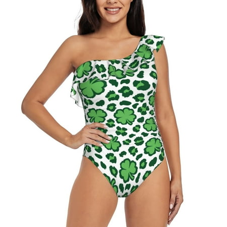 Cauagu Leopard print St. Patrick s Day Print Women s Sexy One Piece Swimsuits One Shoulder Ruffle Tummy Control Bathing Suit Slimming Swimwear-Medium