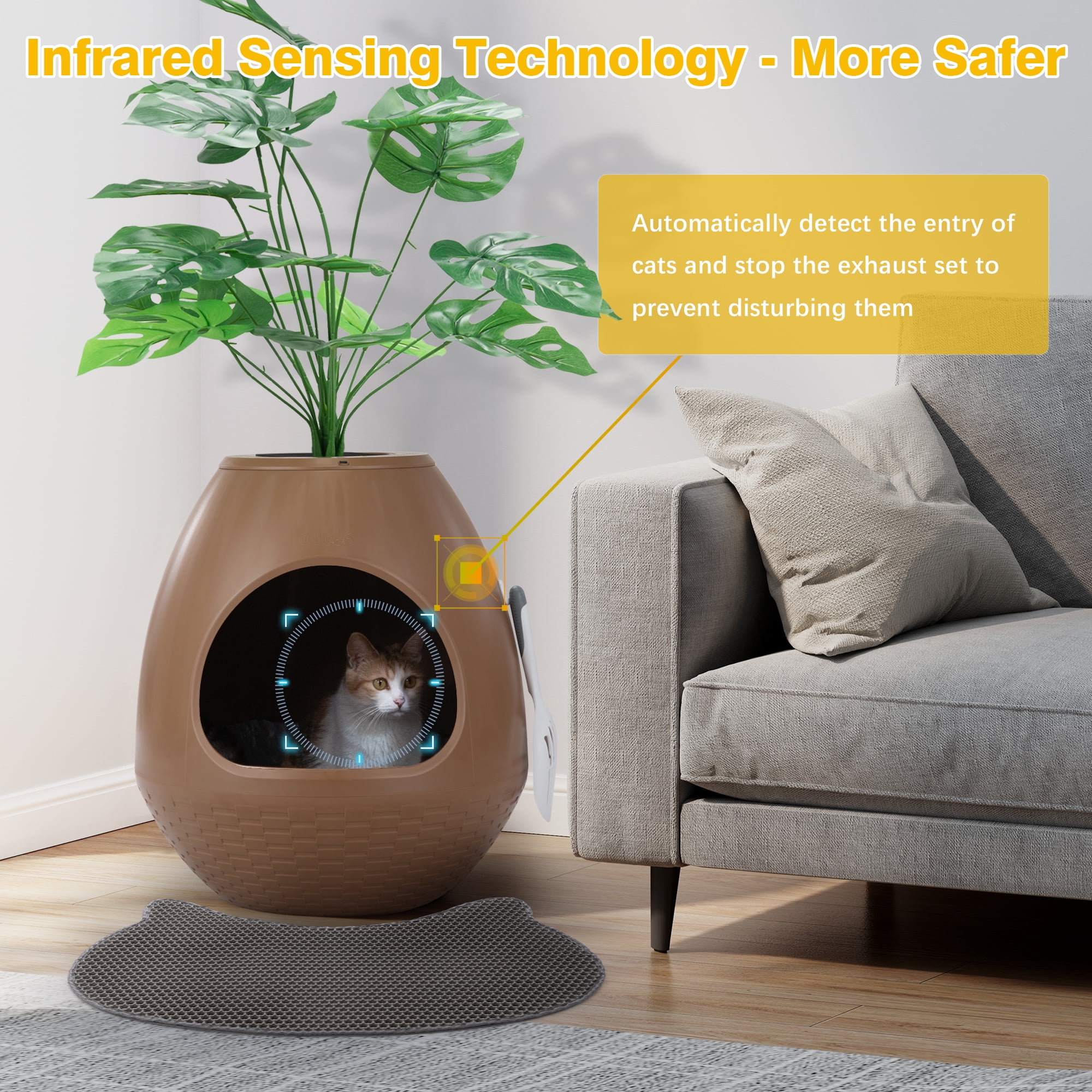 Jaxpety Large Smart Plant Litter Box with Deodorization System, Artificial Plants,5 Cat Litter Bags,Light,Cat Litter Mat,Scoop,Brown