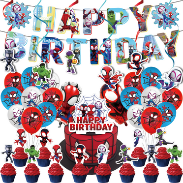 40pcs For Spidey and His Amazing Friends Birthday Party Decorations,With 1 Happy Birthday Banner Garland,2 Foil Balloons,6 Hanging Swirls,13 Cupcake Toppers,18 Balloons for Party Supplies