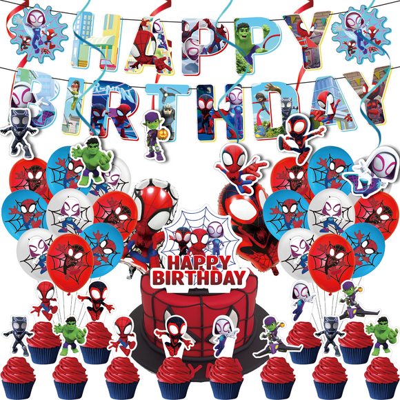 40 Pcs For Spidey and His Amazing Friends Cartoon Theme Birthday Decorations Party - Includes Banner, 13 Cupcake Toppers, 2 Foil Ballons, 6 Spiral Ornament, and 18 Balloons for Party Supply Set
