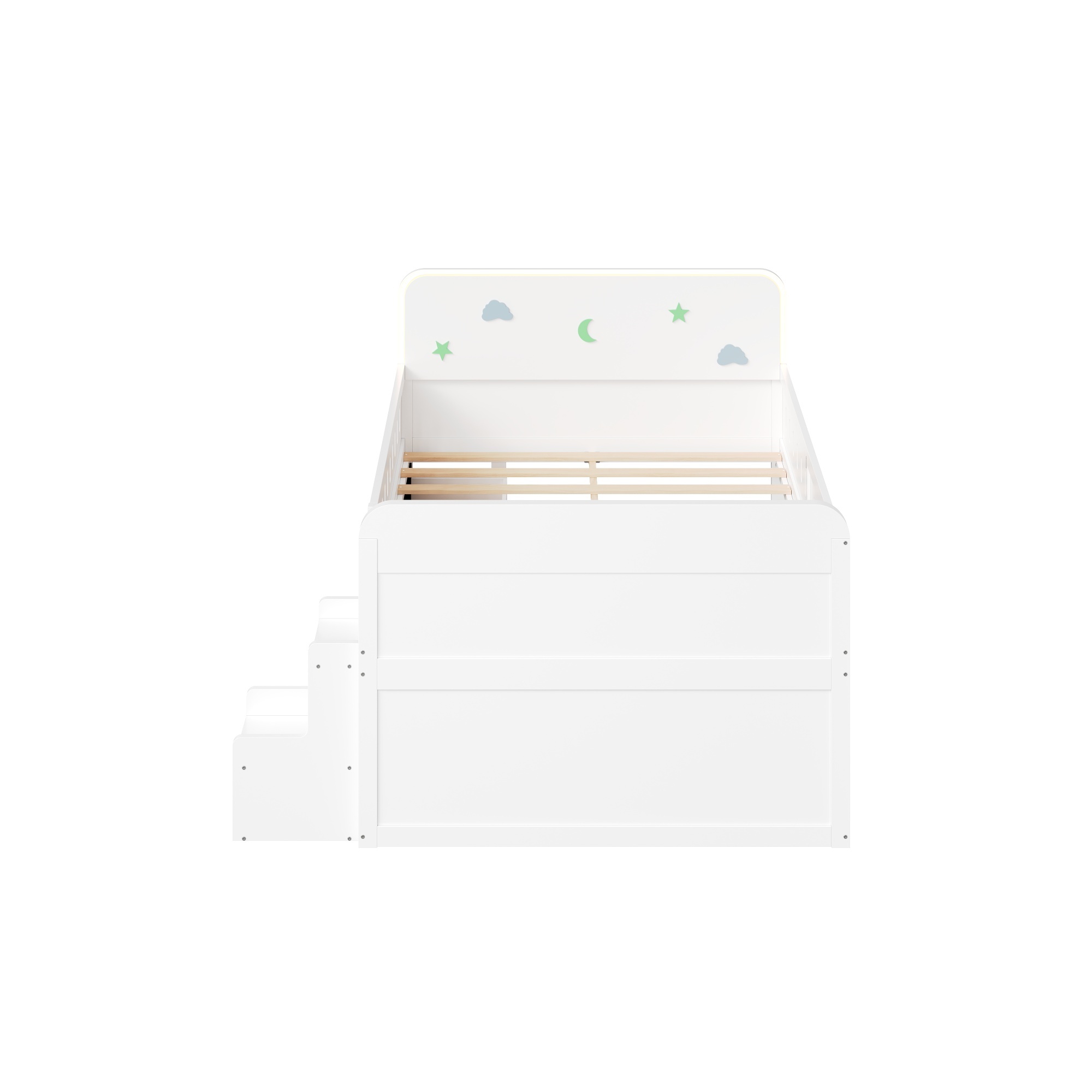 Euroco Wood Full Size Platform Bed with 4 Drawers and LED Light, Low Profile Kids Bed with Storage, White
