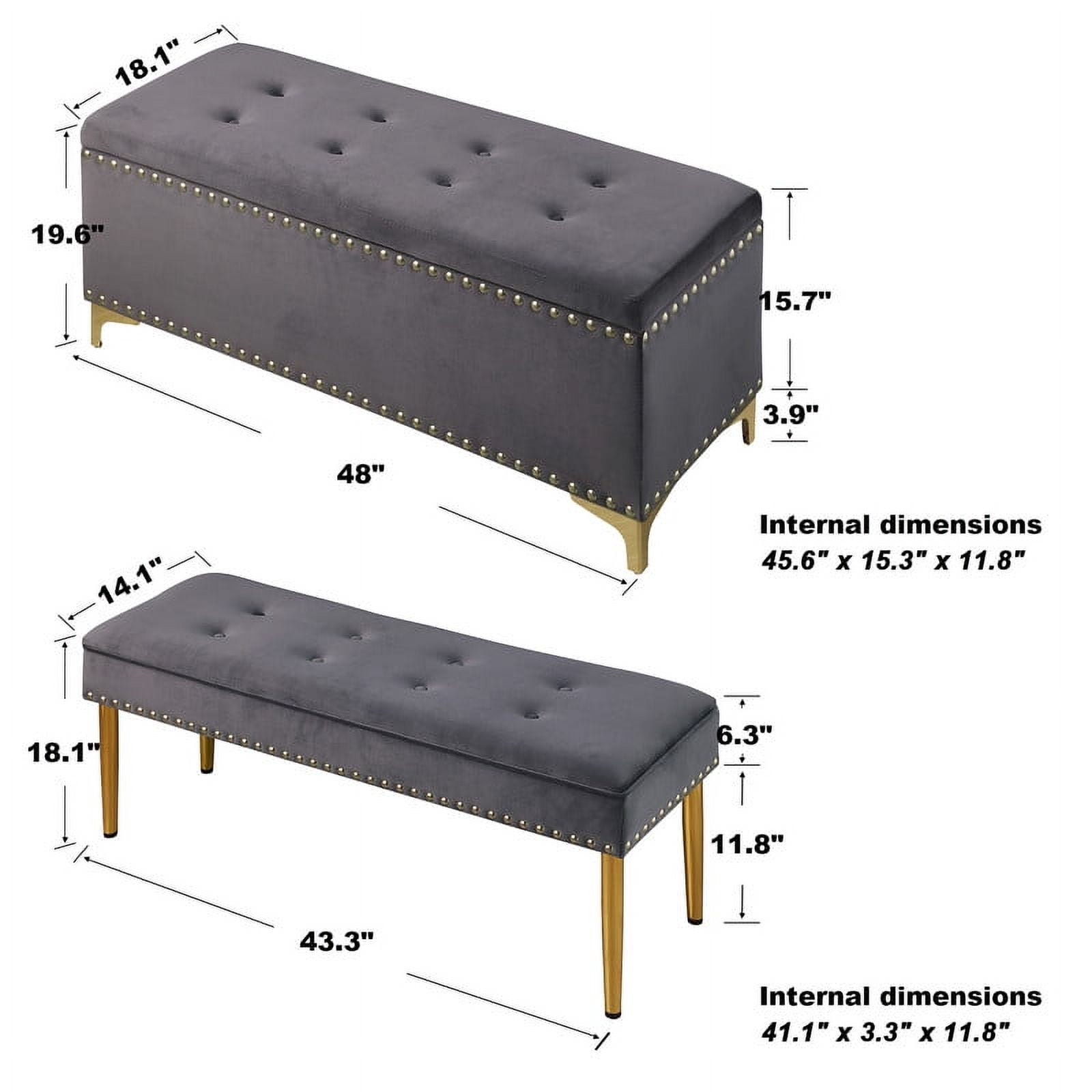 Aukfa 2-in-1 48 Inches Storage Ottoman Benches Set, Upholstered Storage Chest, Footrest for Living Room, Bedroom, Entryway, Dark Gray