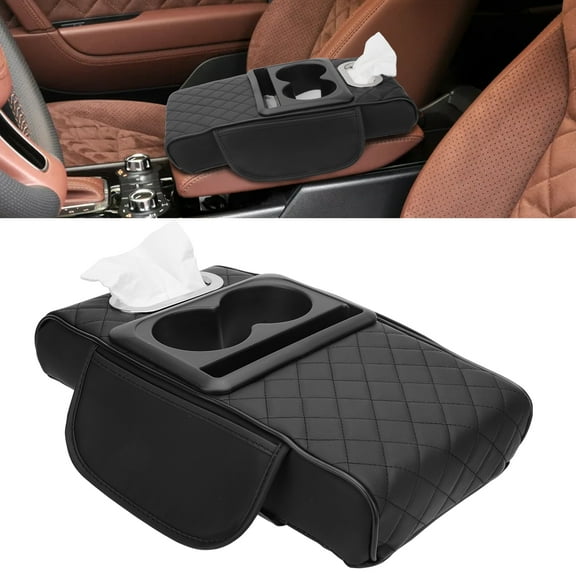 EEEkit Leather Car Center Console Armrest Pillow with Cup Holder, Phone Holder, Tissue Box, Side Pocket, Black