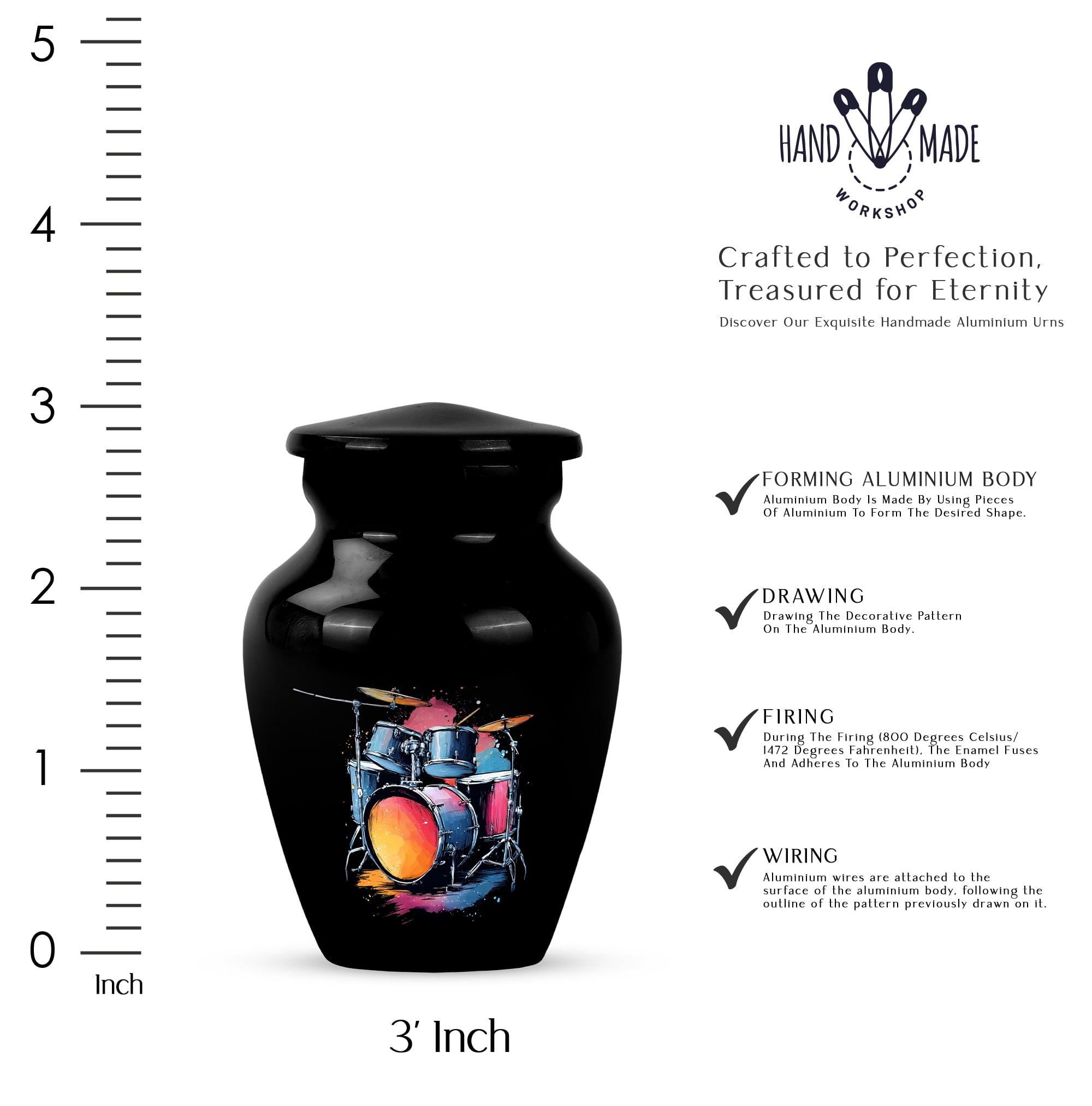 Drummer Memorial Keepsake Urns Set Of 4, Splash Colour Mini Urn For Ashes Adult Male, Black Musical Tribute Cremation Urn, Colourful Drum Set Funeral Keepsake Urns (Size, 3 Inch, 4 Pcs)