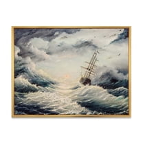Designart 'Ship Struggles With The Sea Storm' Nautical & Coastal Framed Canvas Wall Art Print