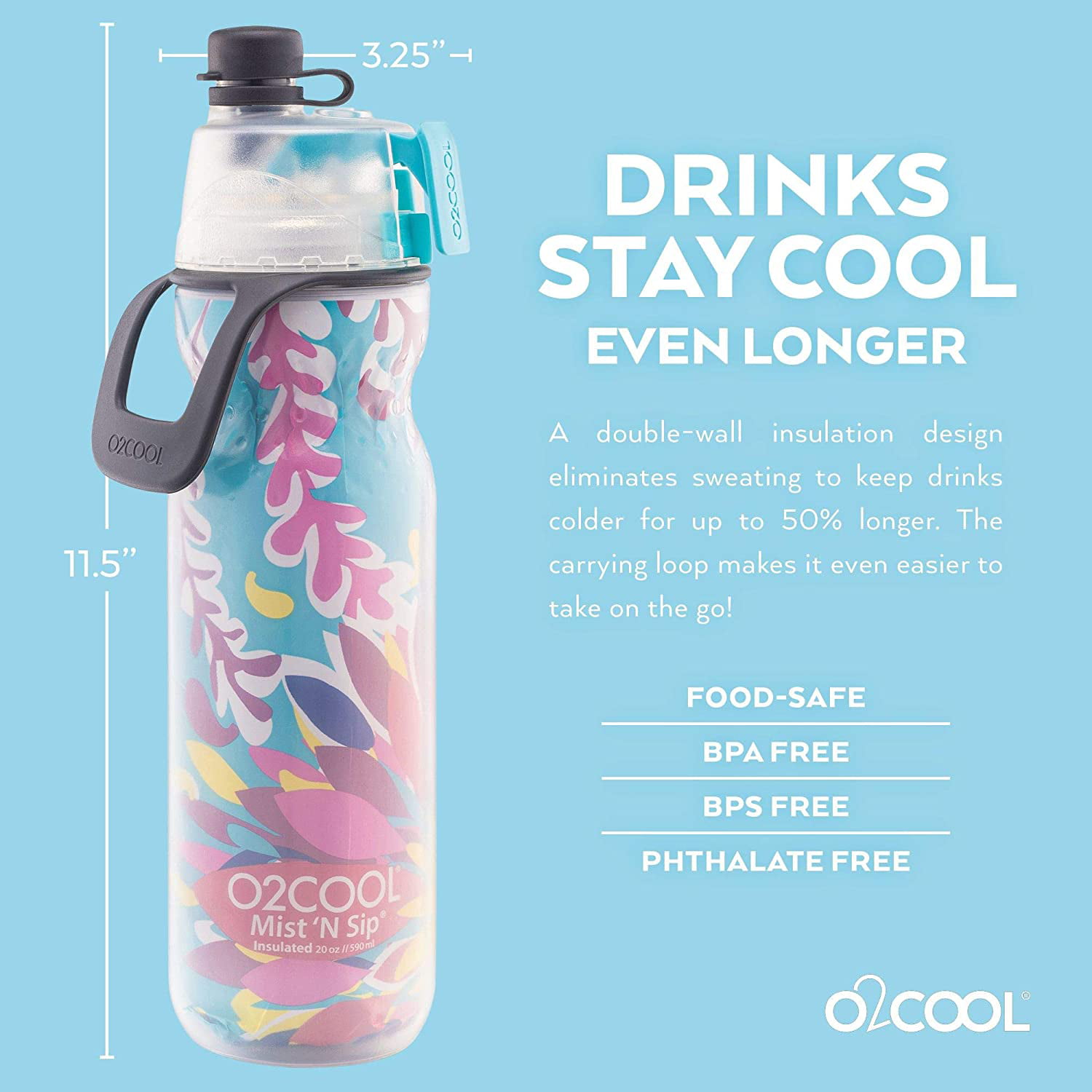 O2COOL Mist N' Sip No Leak Pull Pop Sprout 20 fl oz Water Bottle, 2 Pack,  Tie Dye & Celestial 