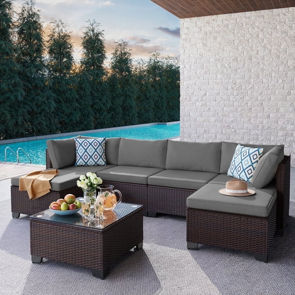 7 Piece Outdoor Patio Conversation Sets，Asofer Patio Sectional Furniture Set with Ottomans and A Coffee Table for Courtyard，Poolside，Party，Gray