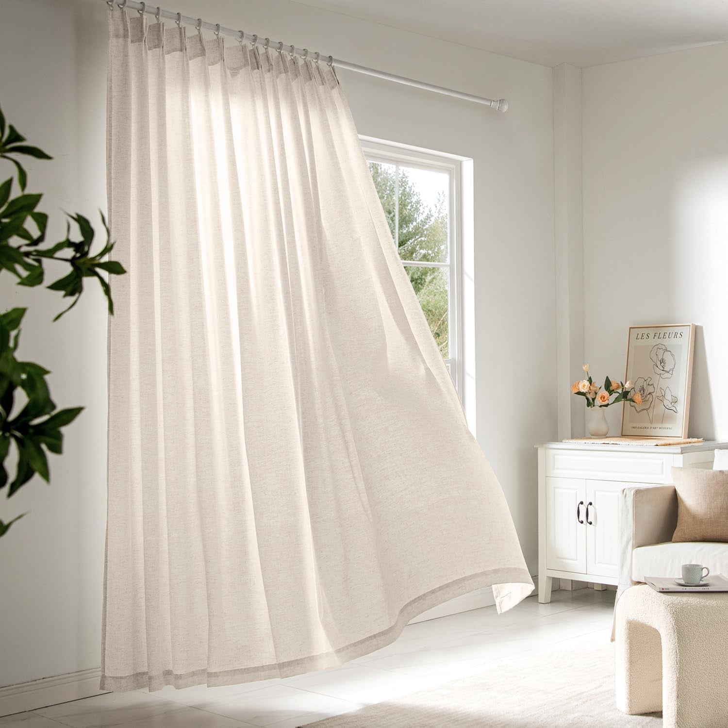 Birch Pinch Pleat Linen Curtains Extra Long Curtains 108 Inch Length, Memory Trained Pinch Pleated Curtain with Hooks Living Room Bedroom Sliding Patio Door, Linen Textured Pleated Curtain Drapes