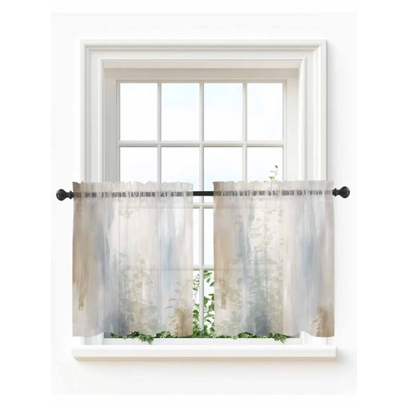 Blue Brown Tier Curtains 36 Inch Length,Sheer Curtains for Bedroom Living Room Window Modern Abstract Oil Painting Artwork Rod Pocket Drapes Kitchen Curtains Small Half Window 27.5"x36" 2 Panels