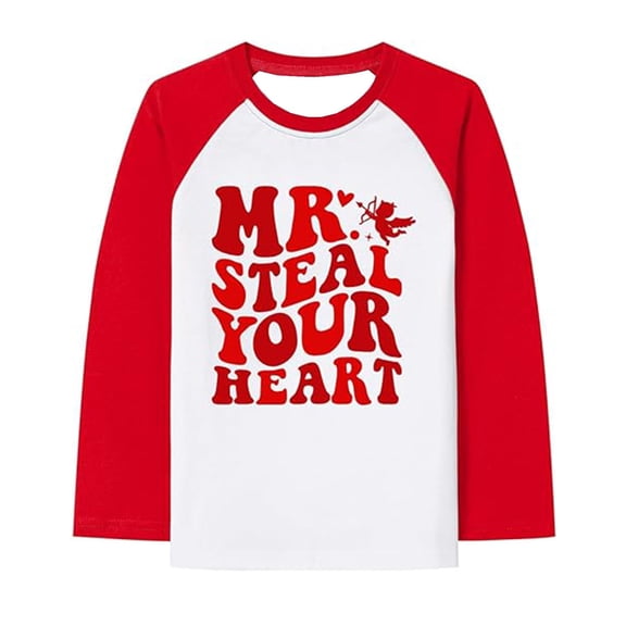 JAJAHO Long Sleeve Shirts For Kids Boys Girls Casual Color Block Love Letter Printed Round Neck Loose Fit Top 2-14Y Valentine's Day Mother's Day Stylish Tops