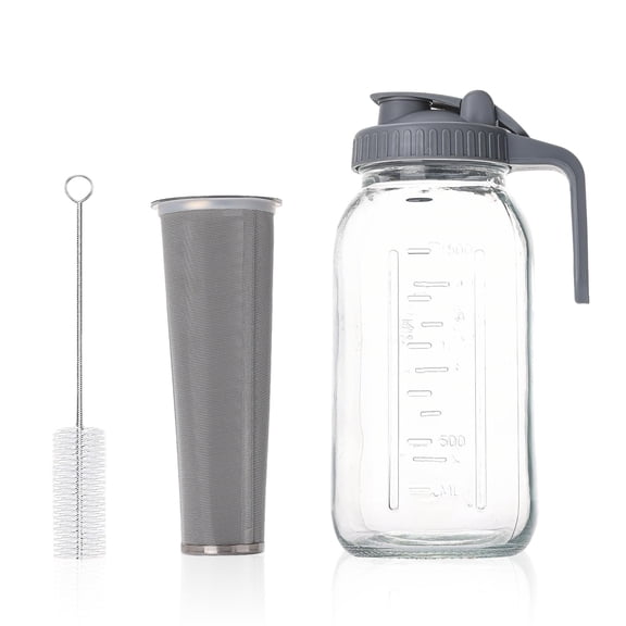 Cold Brew Coffee Maker Jar 64oz, Glass Mason Pitcher with Spout Lid, Handle, Stainless Steel Filter for Iced Coffee, Lemonade, Ice Tea, Fruit Drinks