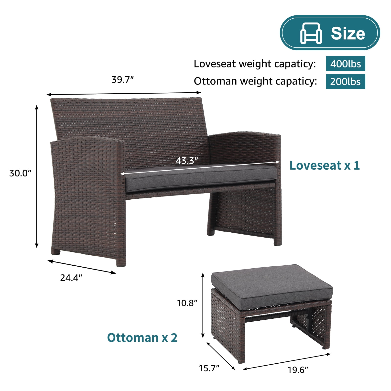JOIVI 3-Piece Wicker Love Seat and Coffee Table Set, Outdoor Furniture Set with Loveseat and 2 Ottoman, Brown Rattan, Dark Gray Cushion
