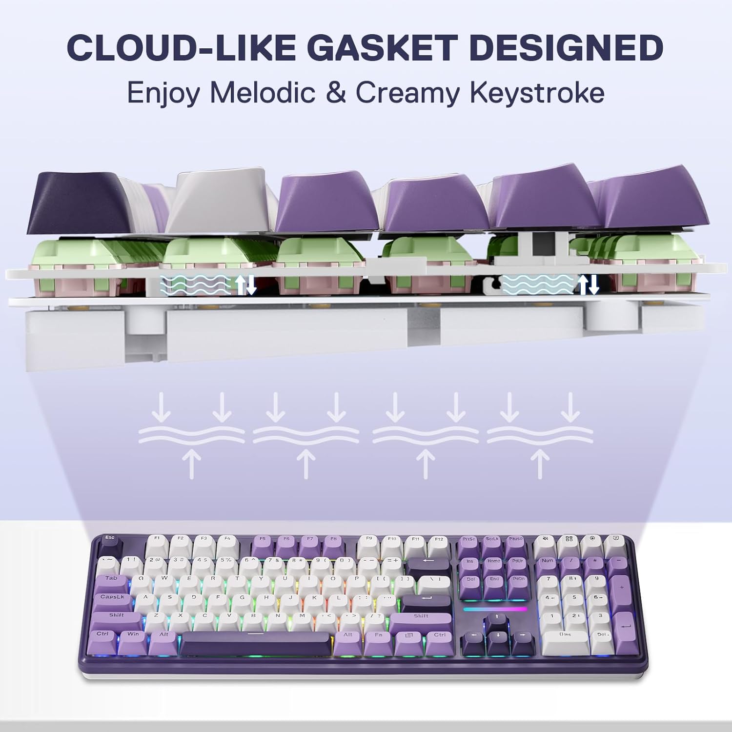 Redragon K745 PRO Wireless Gasket RGB Gaming Keyboard, 108 Keys Mechanical Keyboard w/Extra 4 Hotkeys, Hot-Swap Socket, 5-Layer Noise Dampening, See-Through Round PBT Keycaps, Mint Mambo Switch