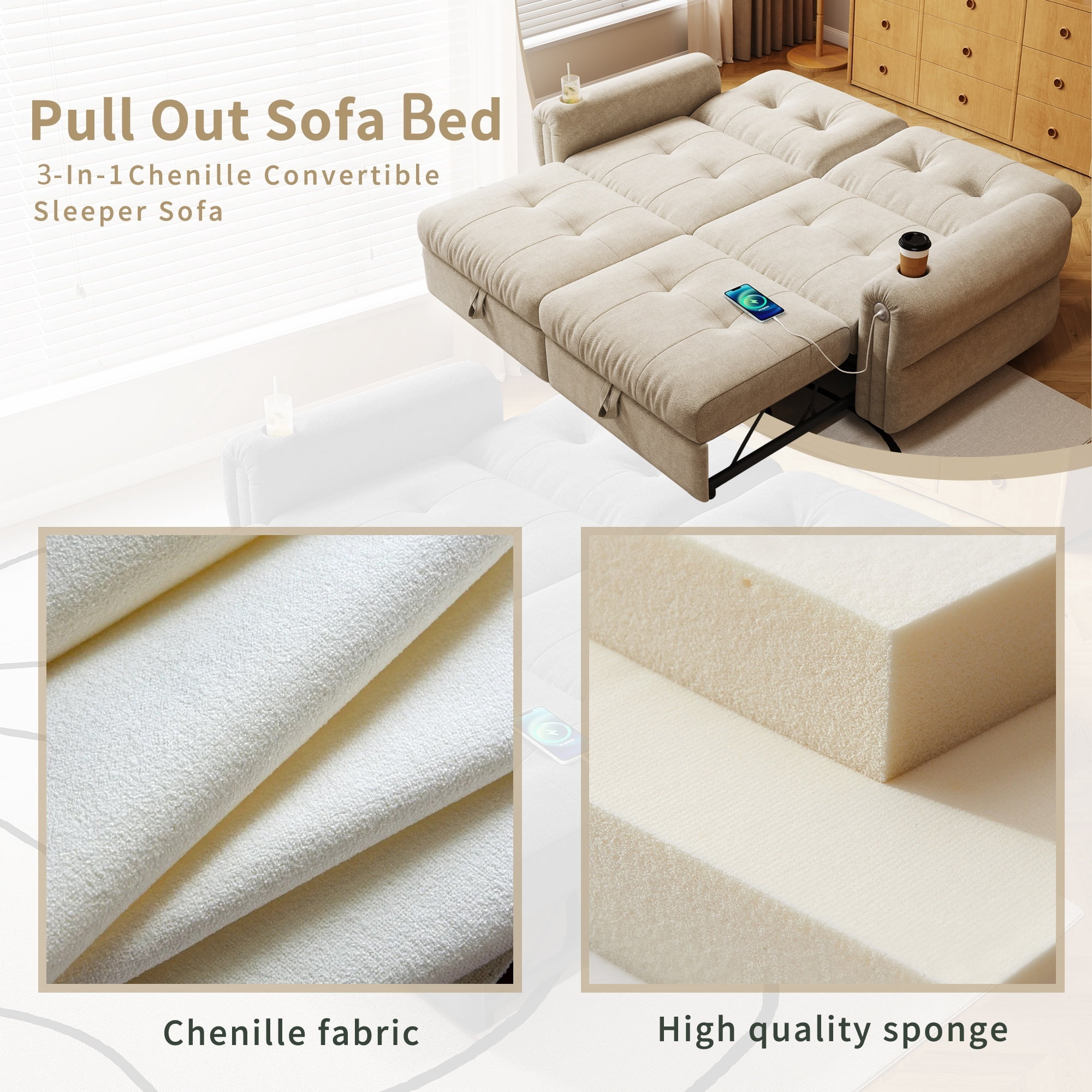 3-in-1 Chenille Tufted Sleeper Sofa Bed, Convertible Loveseat Chaise, Indoor Multi-Functional Daybed with Charge Ports & Cup Holders