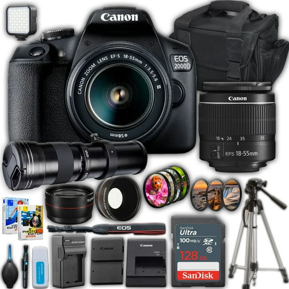 Canon EOS 2000D DSLR Camera With Canon EF-S 18-55mm F/3.5-5.6 DC III Zoom Lens   420-800mm Super Telephoto Lens   SanDisk 128 GB Memory Card   Camera Case   More (International Version)