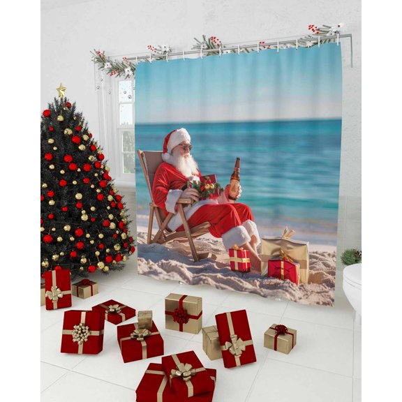 Coastal Christmas Shower Curtain, Red Santa Blue Beach Xmas Waterproof Washable Boho Funny Cute Shower Curtains Set for Bathroom Farmhouse Bathtubs Decor with Hook, 48"Wx72"L