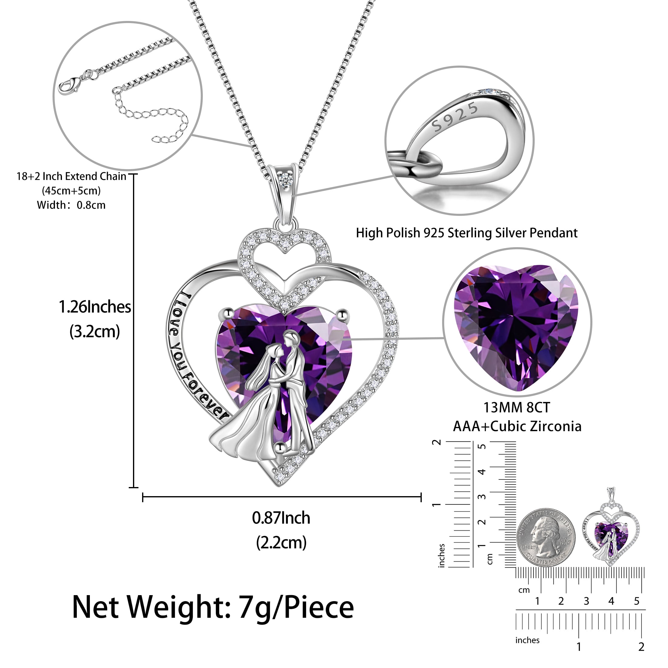 Juwaliy Couple Necklace for Women 925 Sterling Silver Heart February Birthstone Pendant Love Wedding Engagement Jewelry Valentine's Day Gift for Her Wife Girlfriend Bride