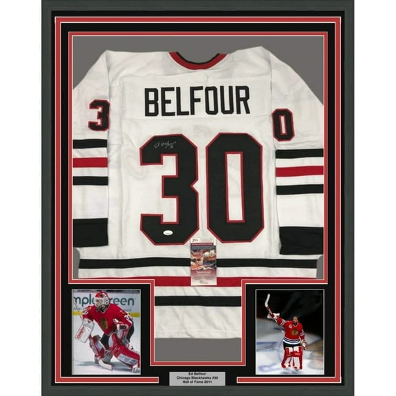 Framed Autographed/Signed Ed Belfour 35x39 Chicago White Hockey Jersey JSA COA