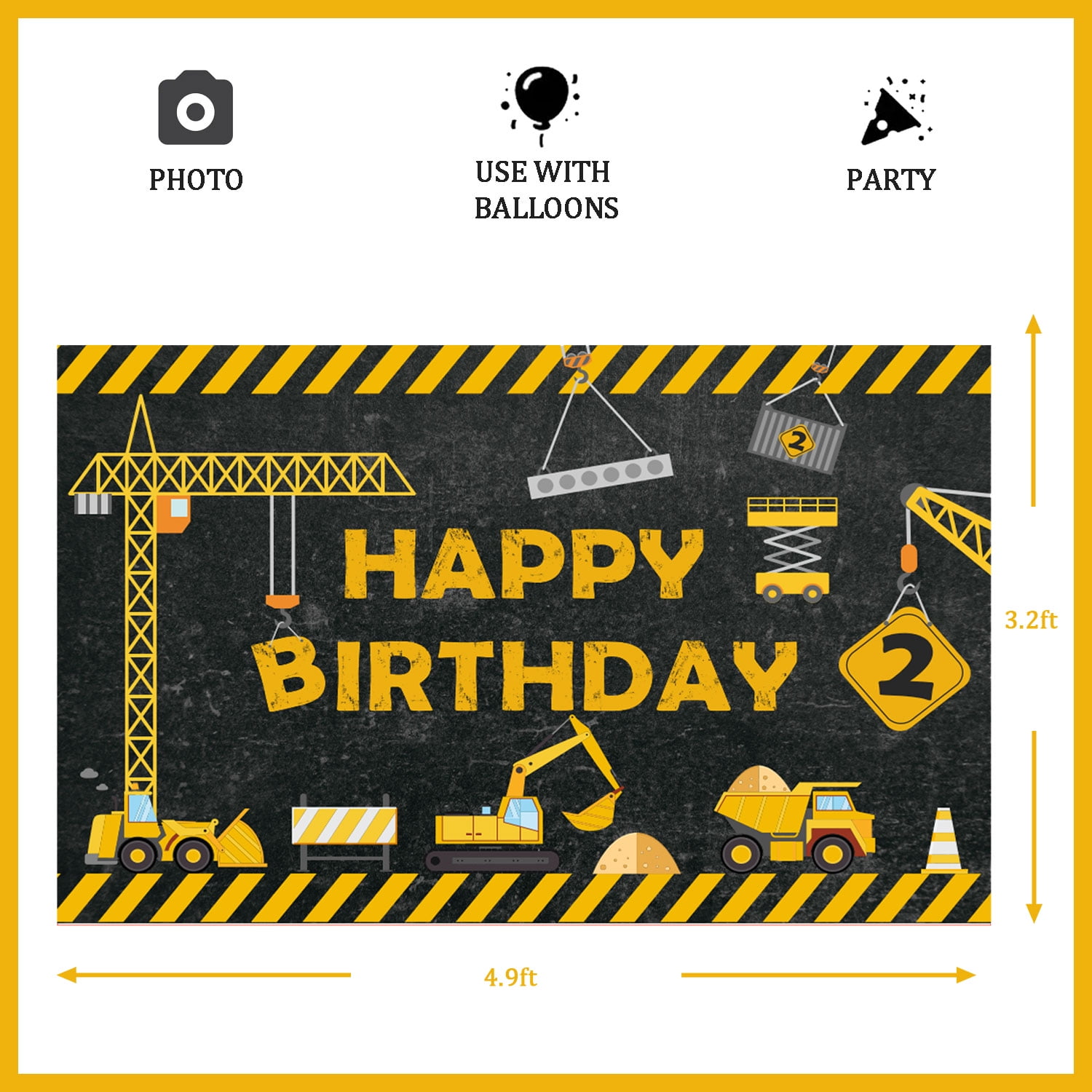 Construction Happy 2nd Birthday Decoration Banner, Dump Truck Backdrop Background Excavator Crane Dump Truck Digger Zone Photo Booth Props Boys Kids Birthday Decorations