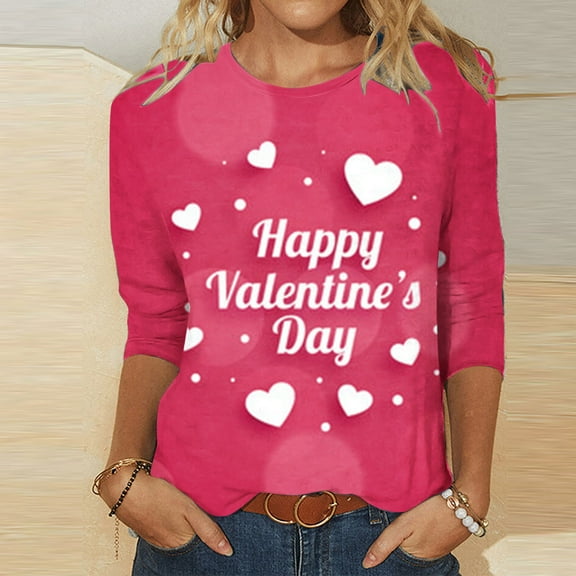 Herrnalise 3/4 Long Sleeve Valentines Day Shirts for Women Heart Print Tees Blouses Crewneck Loose Casual Plus Size Tops T shirts Valentines Day Gifts For Her