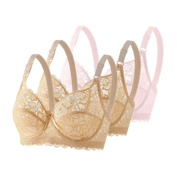 3 Pieces Underwire Bras for Women Plus Size Comfortable Breathable Full Coverage Push up Support Lace Everyday Bras (40, Pink,2*Beige)