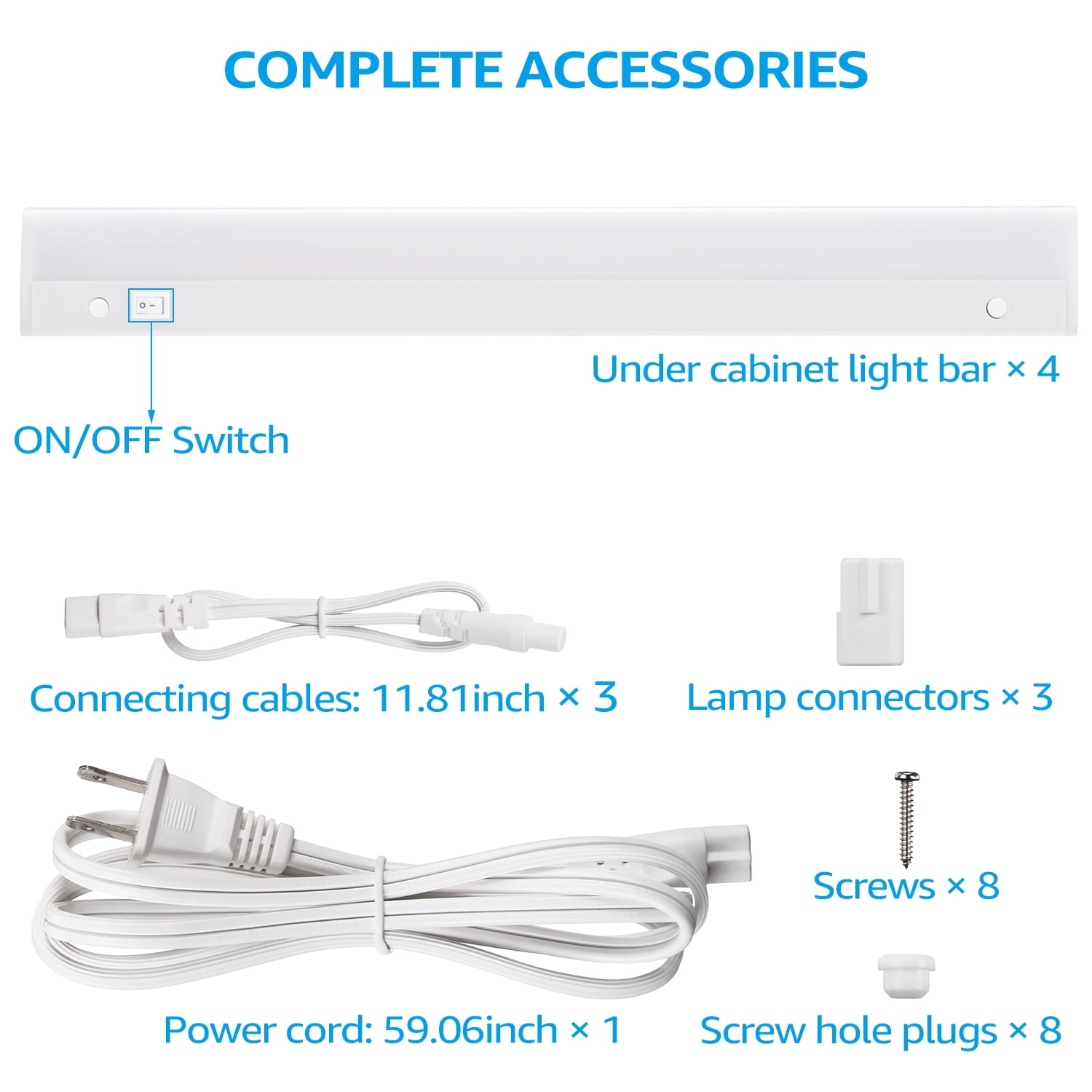 4 Pack 16" LED Under Cabinet Lighting, Linkable LED Counter Light, LED Closet Lighting, ETL Listed, Plug in, 4000K Cool White (Included 1*Power Cord)