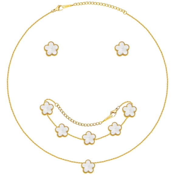 VNOX Gold Necklaces Bracelets Earring Set - 18K Gold Plated Flower Bracelet Chain,Stainless Steel Non Tarnish Floral Pendant Stud Jewelry Sets,Christmas Birthday Lucky Gift for Mom Wife Girlfriend